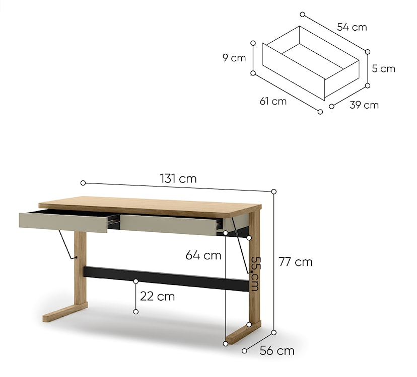 Biurko z szufladami Ollie 131 cm dąb olejowany/kaszmir  - zdjęcie 7