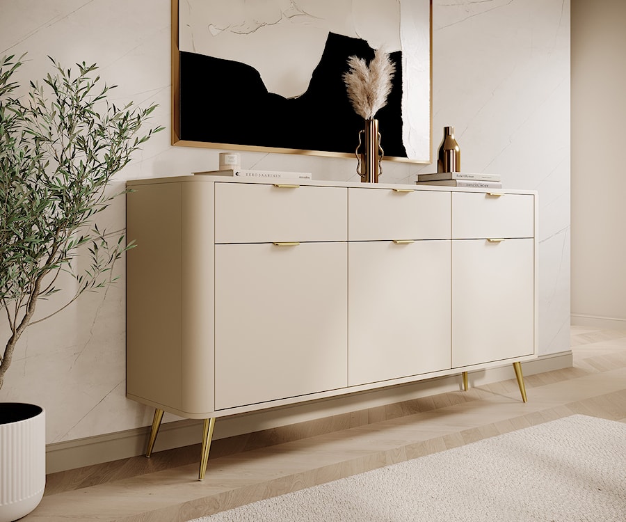 Komoda trzydrzwiowa Oval z szufladami 163,5 cm beż piaskowy  - zdjęcie 2