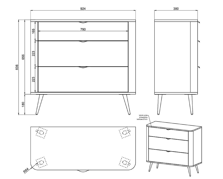 Komoda Oval z trzema szufladami 92 cm Biała  - zdjęcie 6