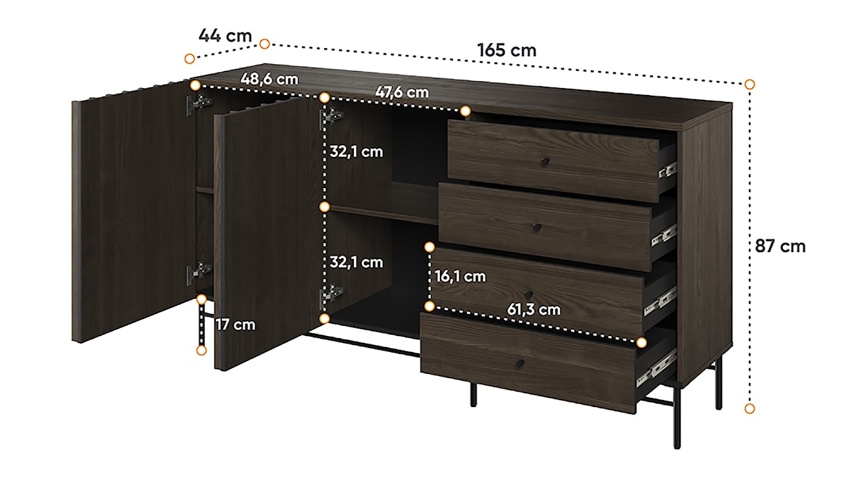 Komoda dwudrzwiowa Piemonte z czterema szufladami 165cm Jesion portland/czarny  - zdjęcie 7