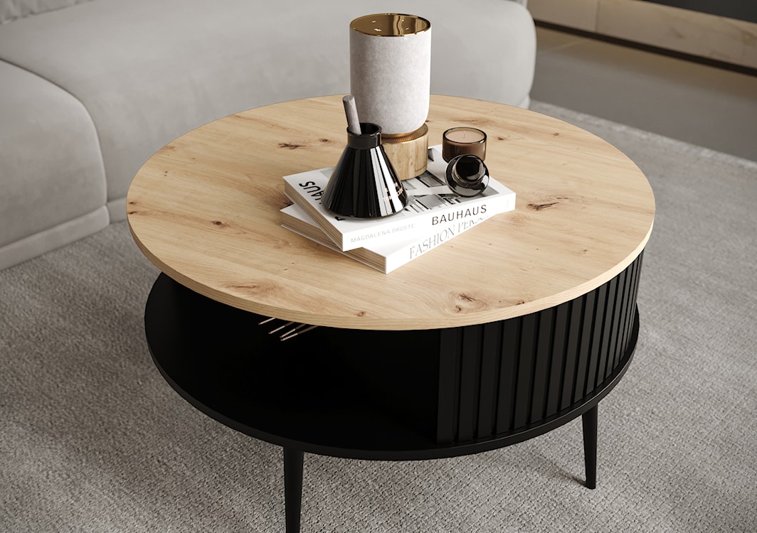 Stolik kawowy Piviano okrągły 76 cm Czarny mat z blatem Dąb artisan  - zdjęcie 3