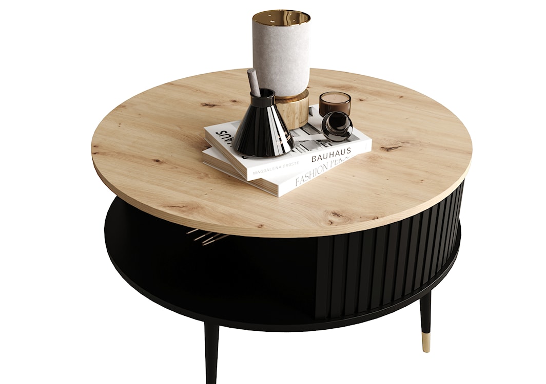 Stolik kawowy Piviano okrągły 76 cm Czarny mat z blatem Dąb artisan i złotymi nóżkami  - zdjęcie 4