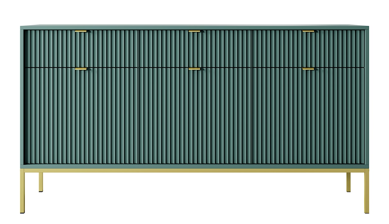 Komoda trzydrzwiowa Vellore 154 cm zielona z ryflowanymi frontami, złotymi uchwytami i stelażem  - zdjęcie 3