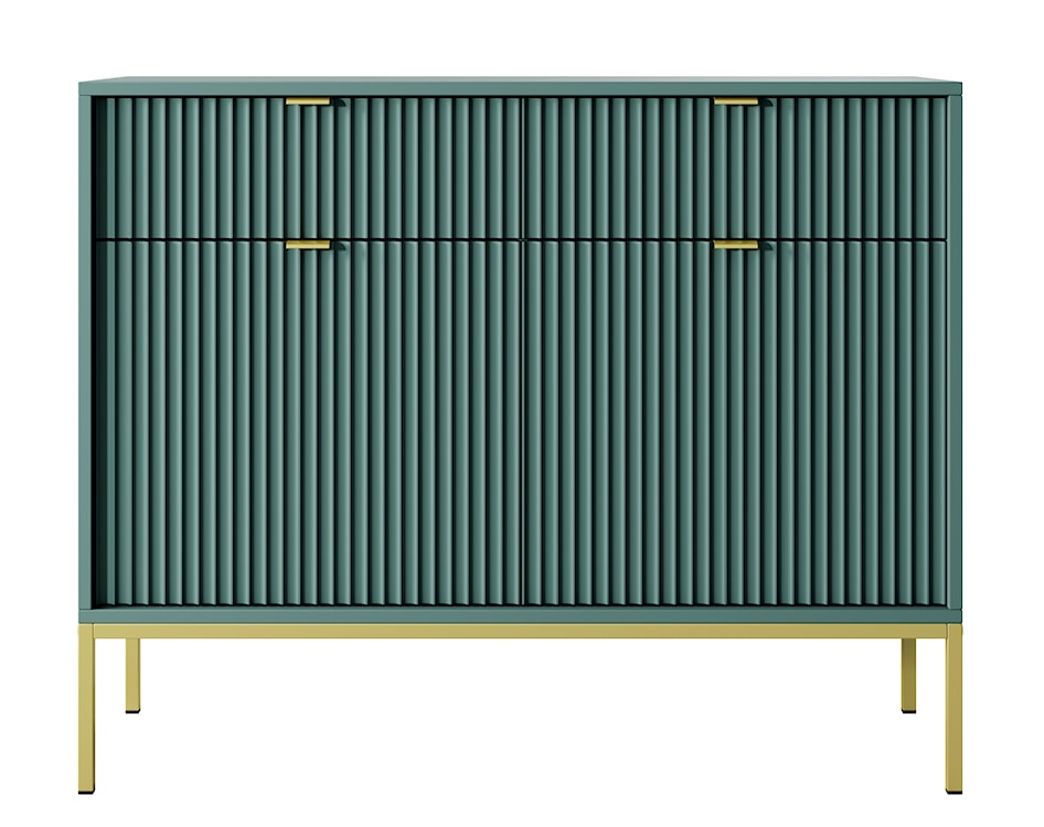 Komoda dwudrzwiowa Vellore 104 cm zielona z ryflowanymi frontami, złotymi uchwytami i stelażem  - zdjęcie 4