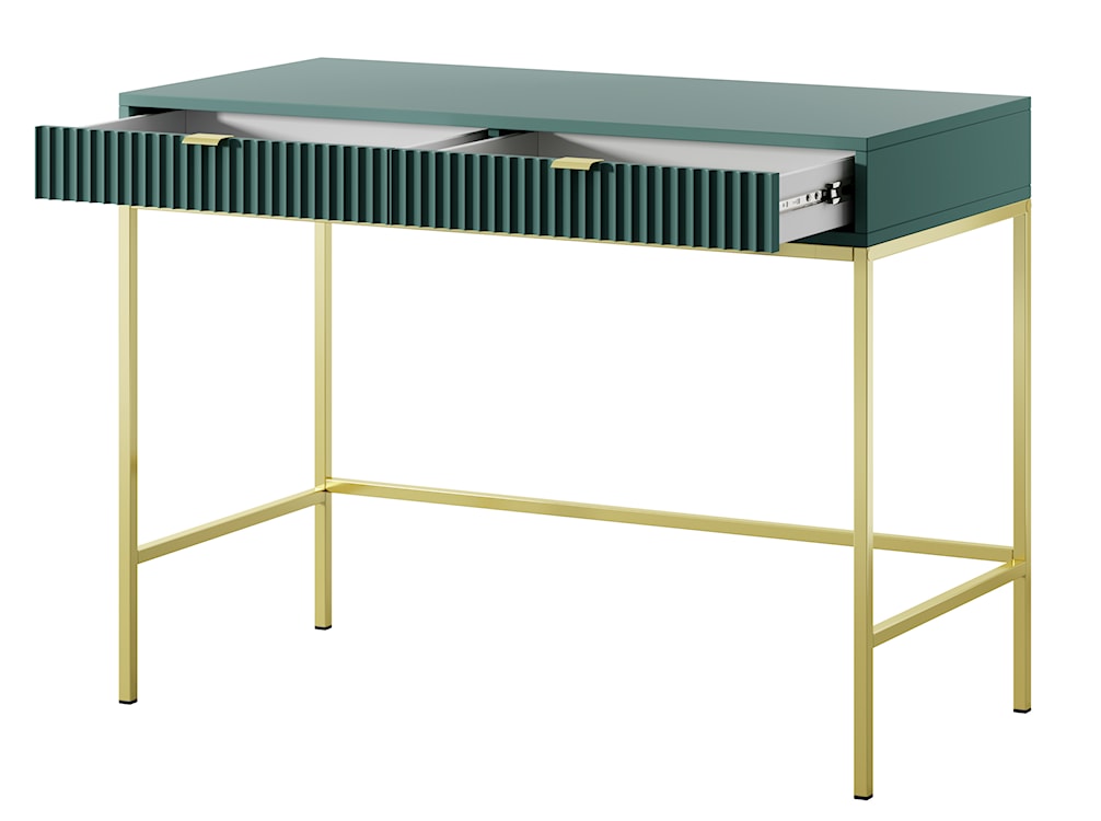 Toaletka biurko Vellore 104 cm zielona z ryflowanymi frontami, złotymi uchwytami i stelażem  - zdjęcie 4