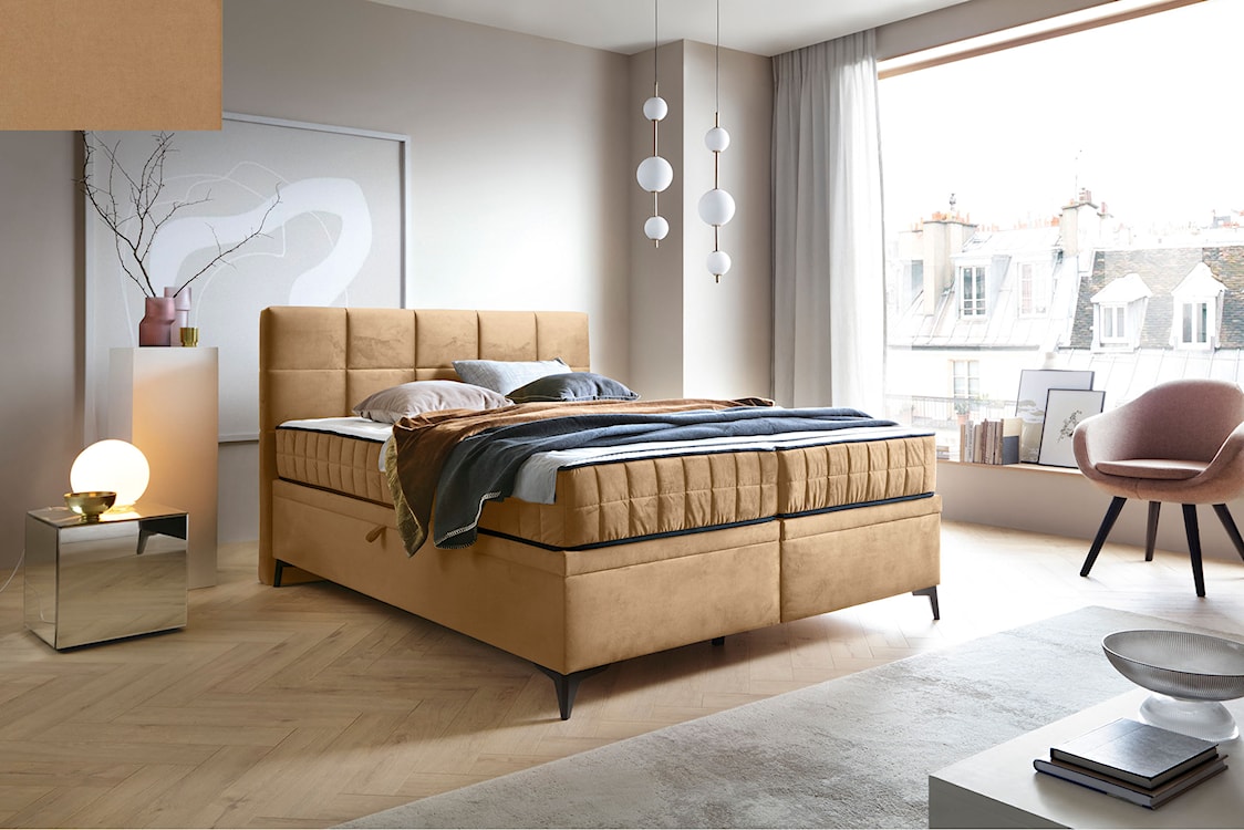 Łóżko kontynentalne 160x200 cm Beriano z pojemnikami i materacem beżowe welur  - zdjęcie 2