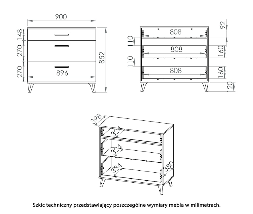 Komoda Tumilssy 90 cm z trzema szufladami biała/biały połysk  - zdjęcie 4