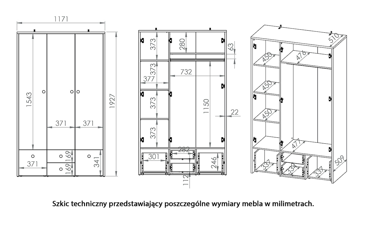 Szafa trzydrzwiowa Rettio 117 cm z szufladami biała/buk Fjord  - zdjęcie 12