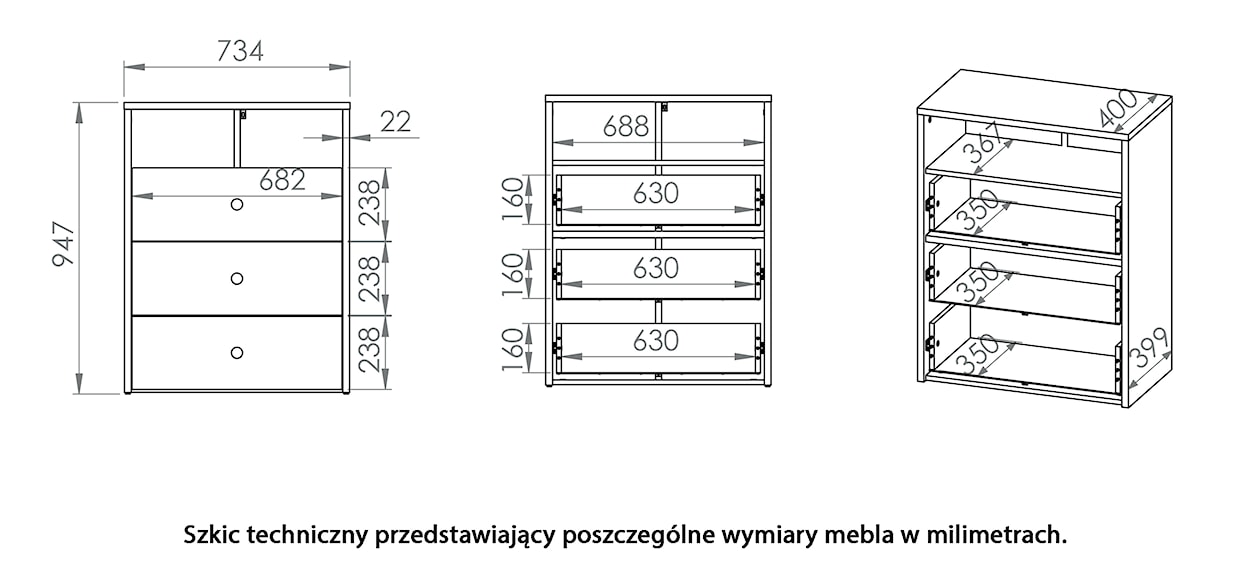 Komoda Rettio 74 cm z trzema szufladami i półką biała/buk Fjord  - zdjęcie 7