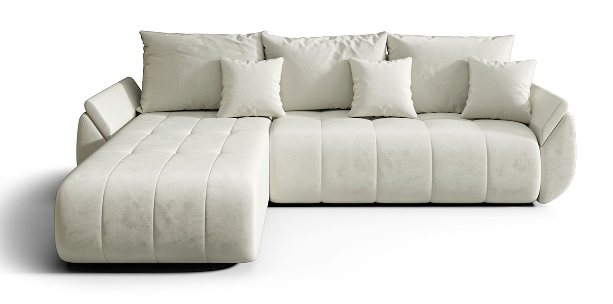 Narożnik z funkcją spania Romuldi L-kształtny lewostronny z pojemnikiem kremowy welur hydrofobowy 