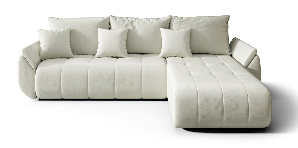 Narożnik z funkcją spania Romuldi L-kształtny prawostronny z pojemnikiem kremowy welur hydrofobowy 