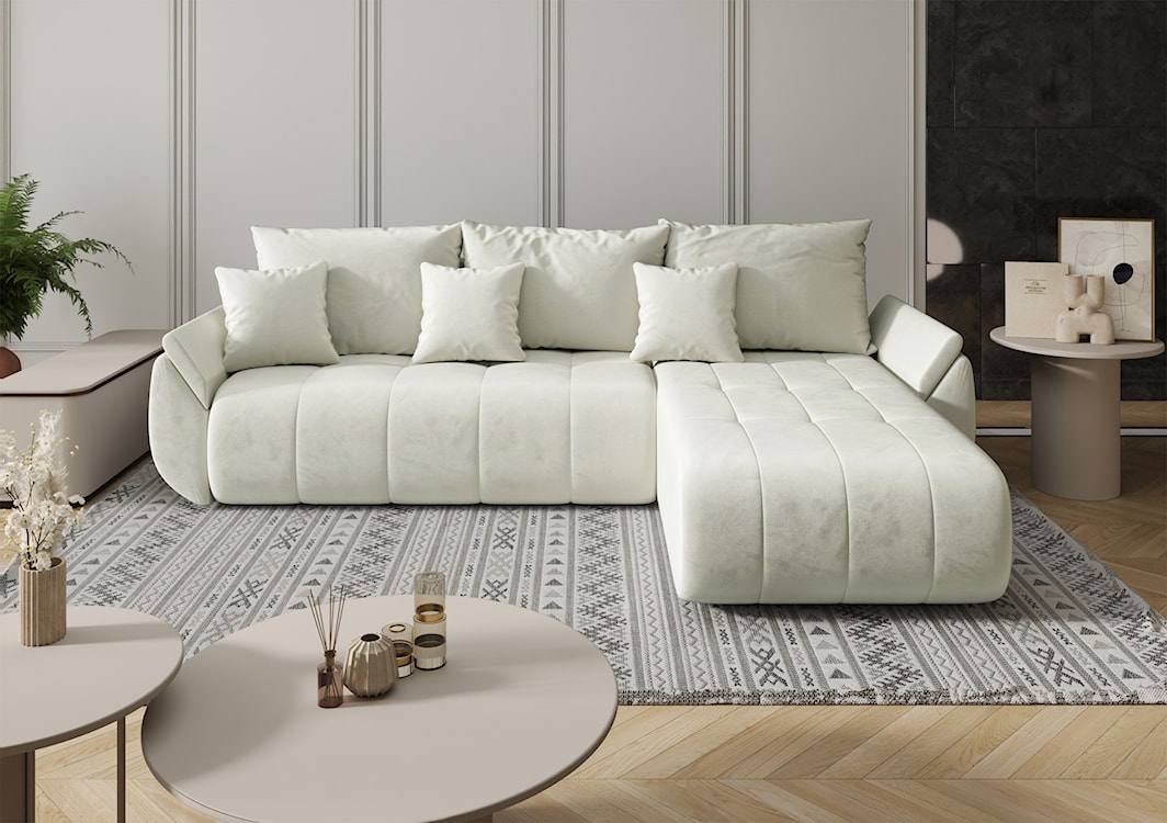 Narożnik z funkcją spania Romuldi L-kształtny prawostronny z pojemnikiem kremowy welur hydrofobowy  - zdjęcie 2