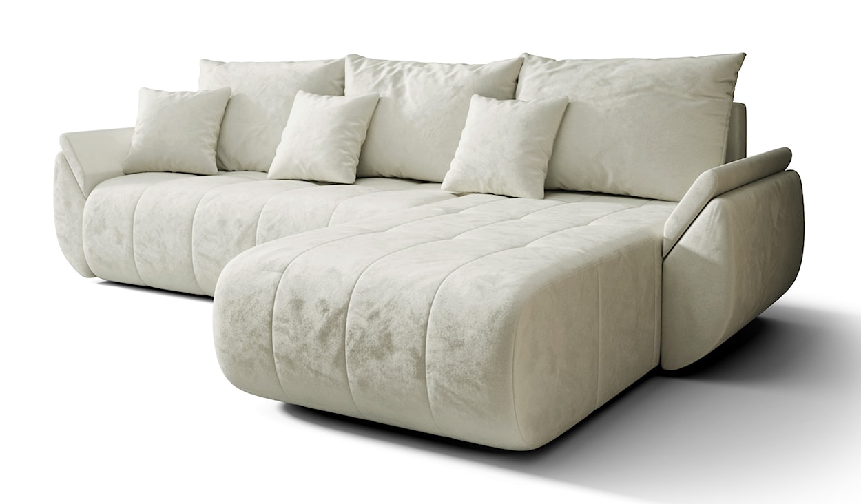 Narożnik z funkcją spania Romuldi L-kształtny prawostronny z pojemnikiem kremowy welur hydrofobowy  - zdjęcie 5