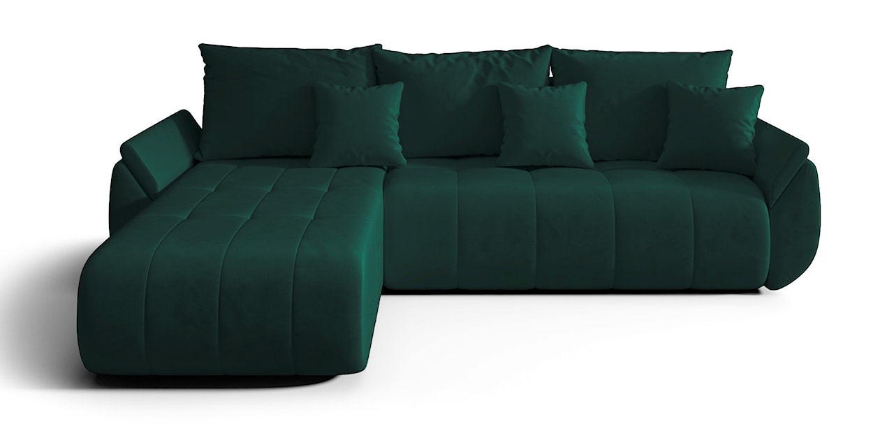 Narożnik z funkcją spania Romuldi L-kształtny lewostronny z pojemnikiem zielony welur hydrofobowy 