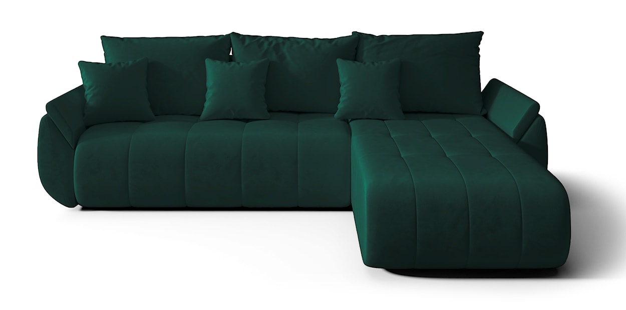 Narożnik z funkcją spania Romuldi L-kształtny prawostronny z pojemnikiem zielony welur hydrofobowy 