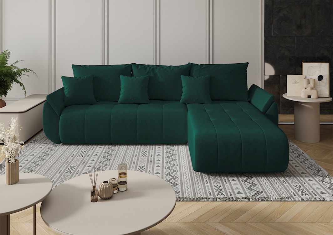 Narożnik z funkcją spania Romuldi L-kształtny prawostronny z pojemnikiem zielony welur hydrofobowy  - zdjęcie 2