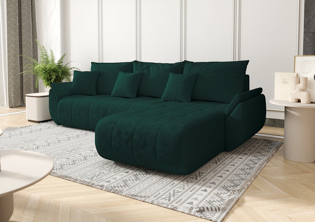 Narożnik z funkcją spania Romuldi L-kształtny prawostronny z pojemnikiem zielony welur hydrofobowy  - zdjęcie 3