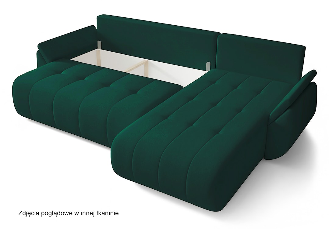 Narożnik z funkcją spania Romuldi L-kształtny prawostronny z pojemnikiem zielony welur hydrofobowy  - zdjęcie 7