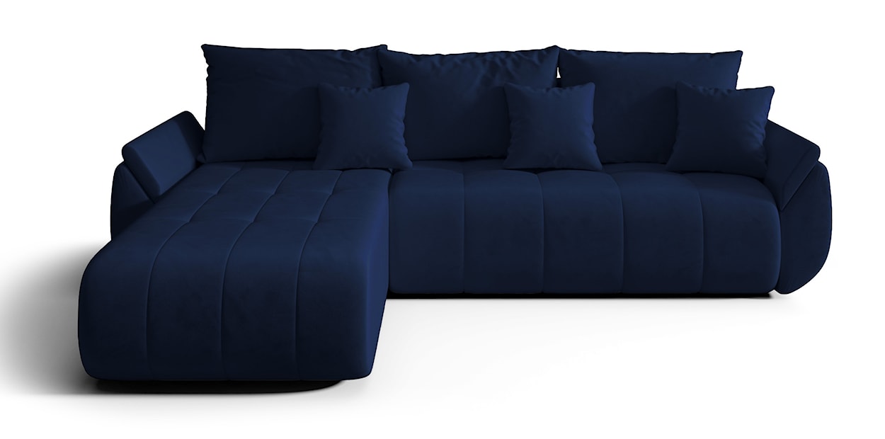 Narożnik z funkcją spania Romuldi L-kształtny lewostronny z pojemnikiem granatowy welur hydrofobowy 