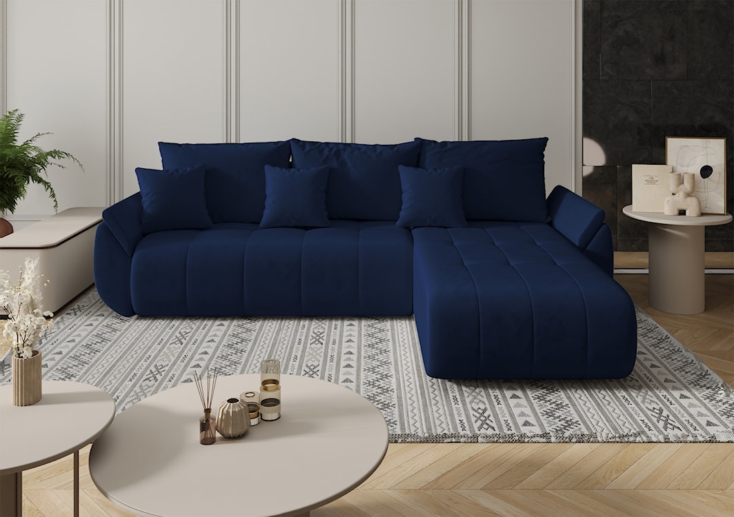 Narożnik z funkcją spania Romuldi L-kształtny prawostronny z pojemnikiem granatowy welur hydrofobowy  - zdjęcie 2