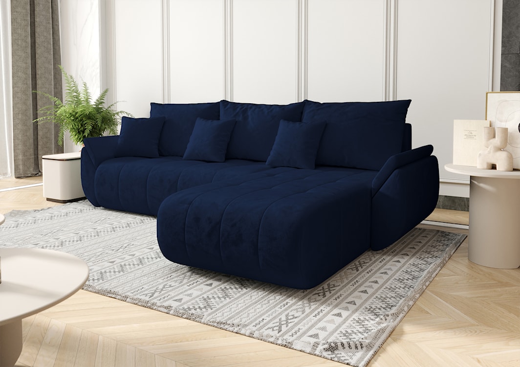 Narożnik z funkcją spania Romuldi L-kształtny prawostronny z pojemnikiem granatowy welur hydrofobowy  - zdjęcie 3