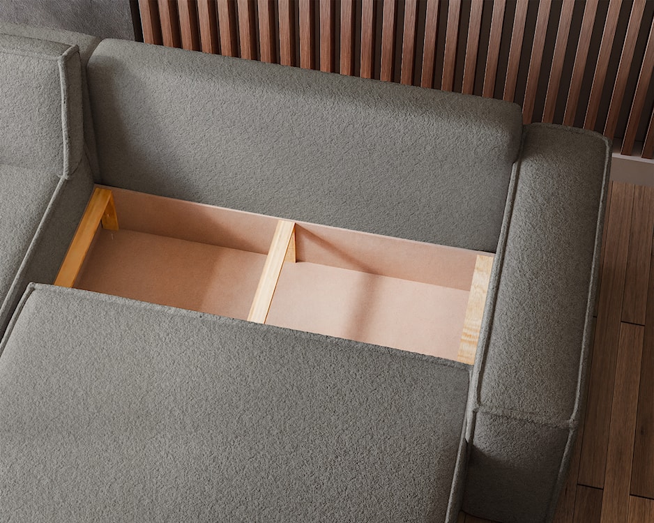 Narożnik z funkcją spania Scarlo L-kształtny uniwersalny z pojemnikiem jasnobrązowy boucle  - zdjęcie 4