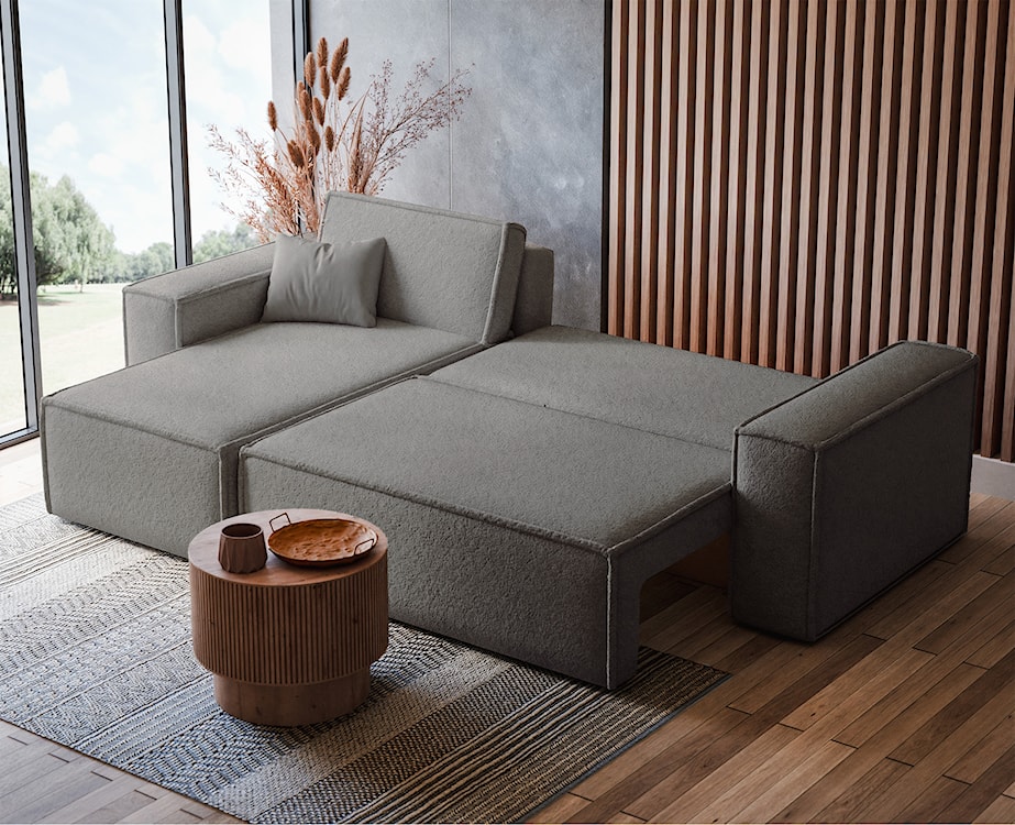 Narożnik z funkcją spania Scarlo L-kształtny uniwersalny z pojemnikiem jasnobrązowy boucle  - zdjęcie 5