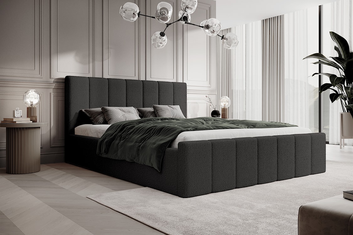 Łóżko tapicerowane 140x200 cm Neroma ciemnoszare z pojemnikiem stelaż metalowy boucle nogi czarne  - zdjęcie 2