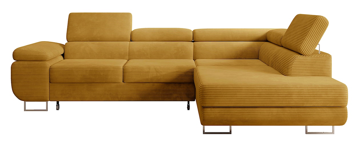 Narożnik z funkcją spania Stevil L-kształtny z pojemnikiem musztardowy sztruks prawostronny