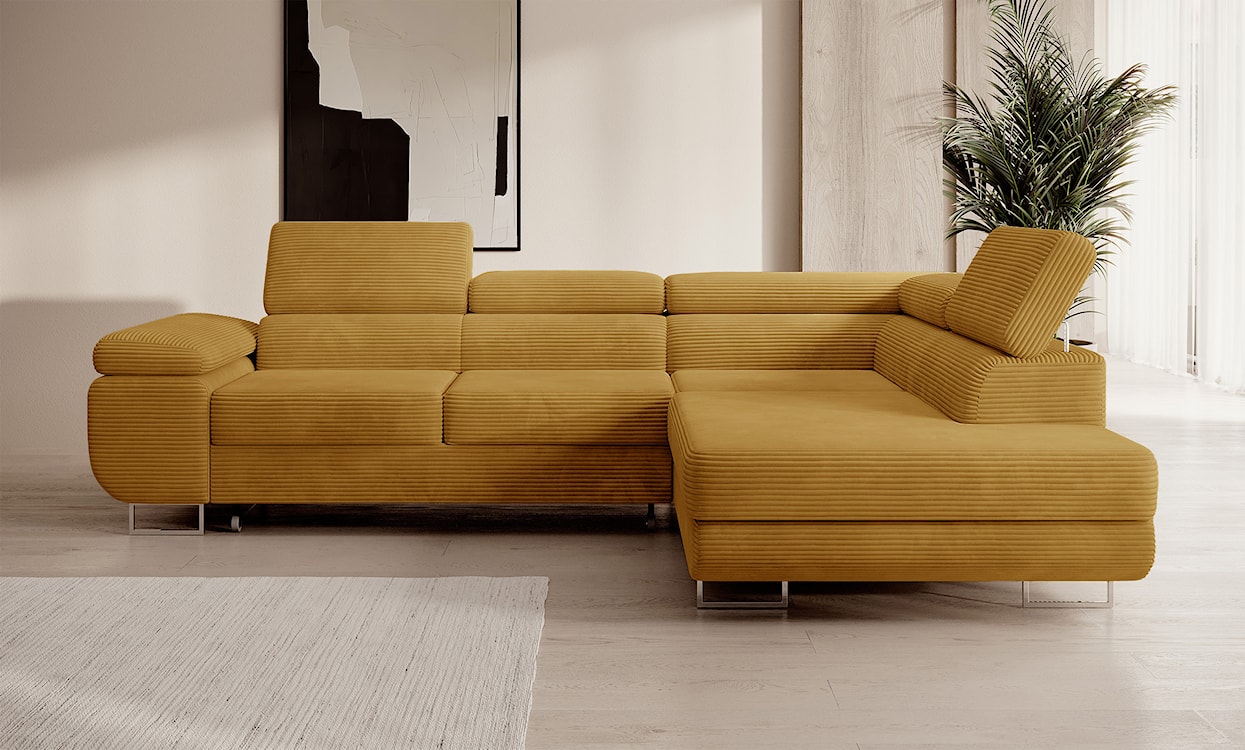 Narożnik z funkcją spania Stevil L-kształtny z pojemnikiem musztardowy sztruks prawostronny  - zdjęcie 2