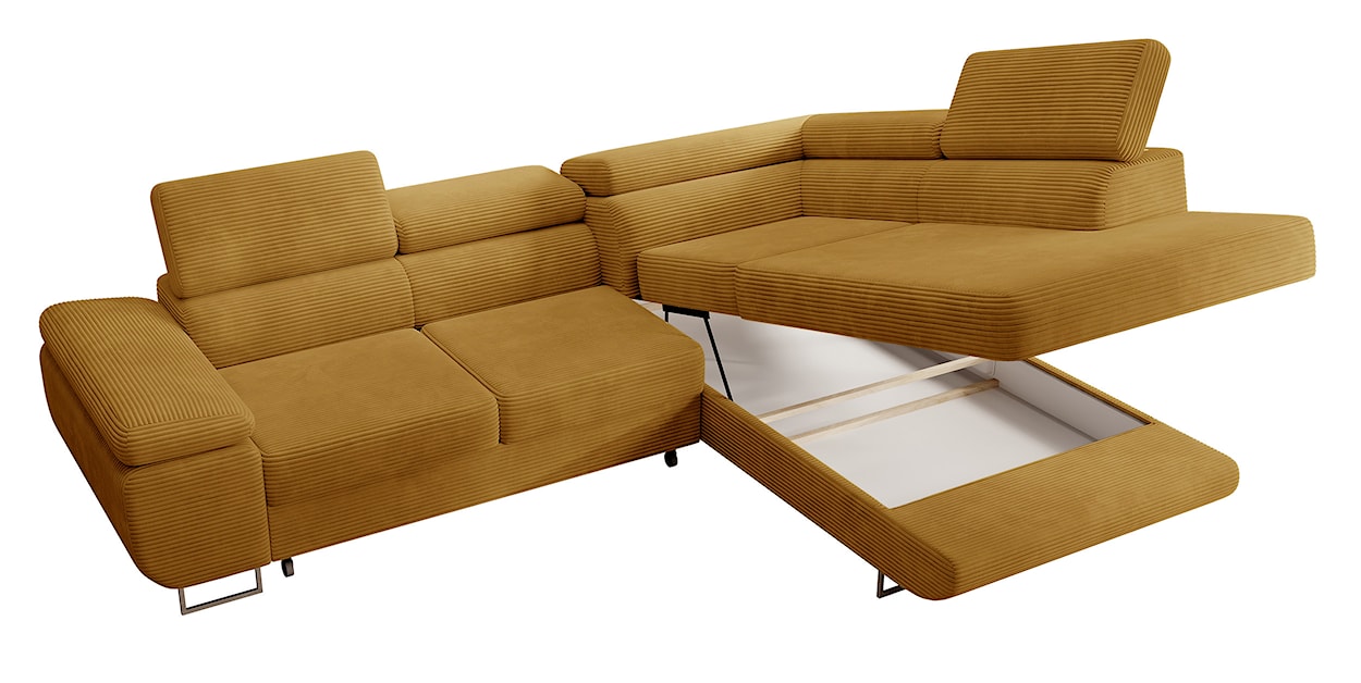 Narożnik z funkcją spania Stevil L-kształtny z pojemnikiem musztardowy sztruks prawostronny  - zdjęcie 3