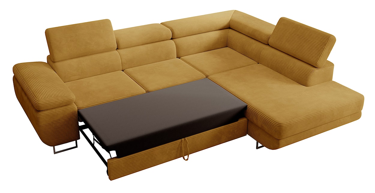 Narożnik z funkcją spania Stevil L-kształtny z pojemnikiem musztardowy sztruks prawostronny  - zdjęcie 4