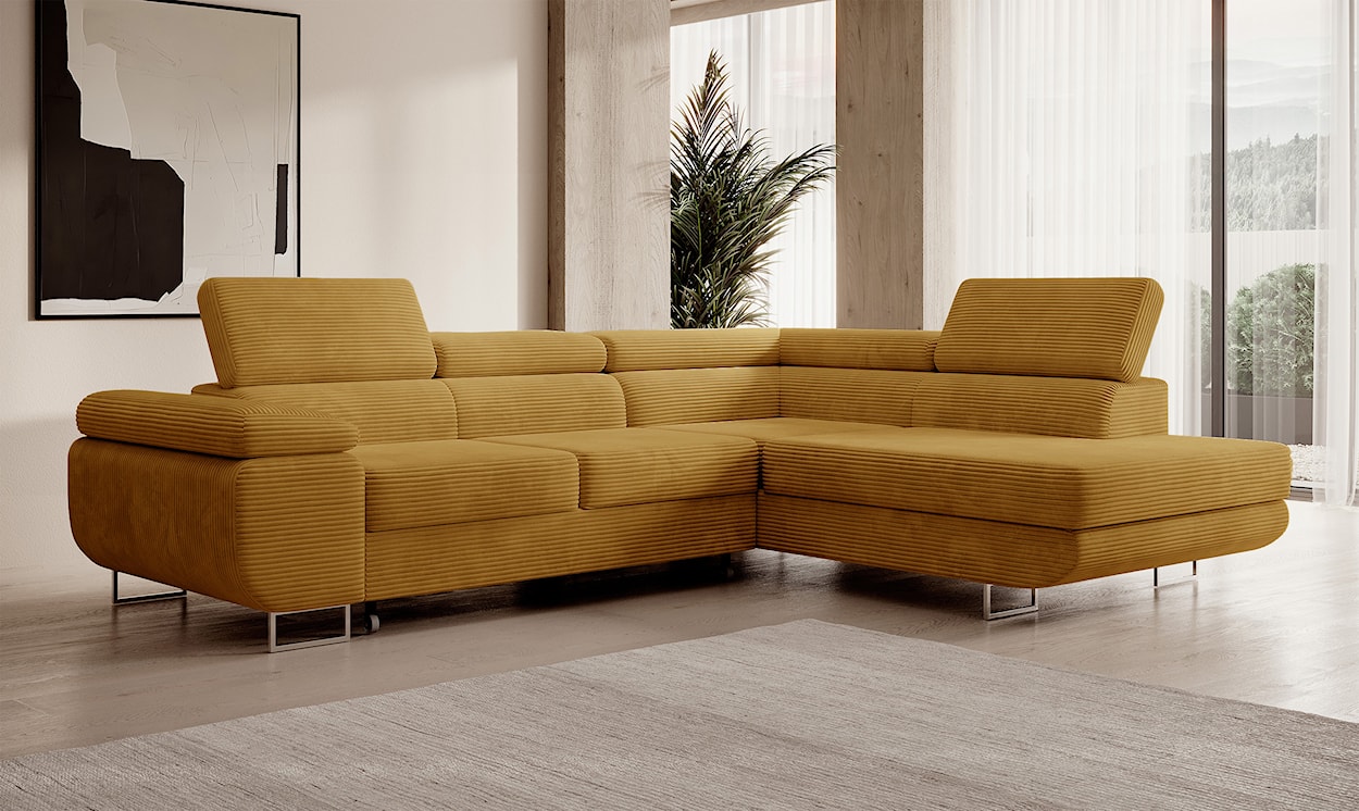 Narożnik z funkcją spania Stevil L-kształtny z pojemnikiem musztardowy sztruks prawostronny  - zdjęcie 5