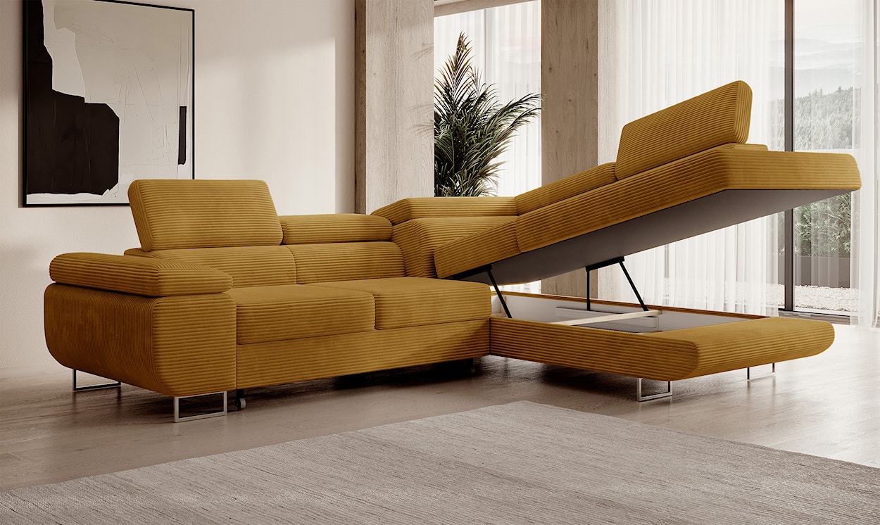 Narożnik z funkcją spania Stevil L-kształtny z pojemnikiem musztardowy sztruks prawostronny  - zdjęcie 6