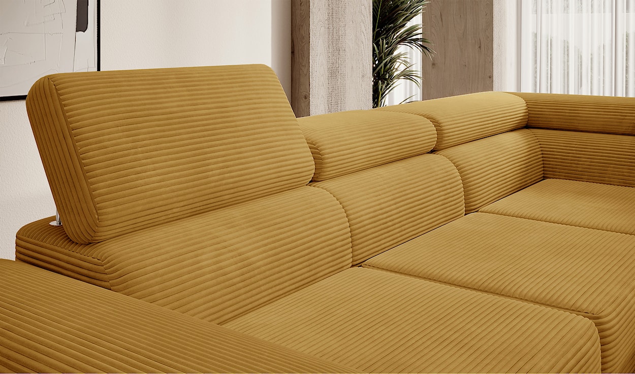 Narożnik z funkcją spania Stevil L-kształtny z pojemnikiem musztardowy sztruks prawostronny  - zdjęcie 7