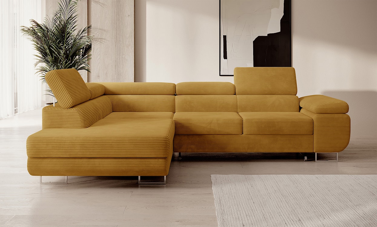 Narożnik z funkcją spania Stevil L-kształtny z pojemnikiem musztardowy sztruks lewostronny  - zdjęcie 2