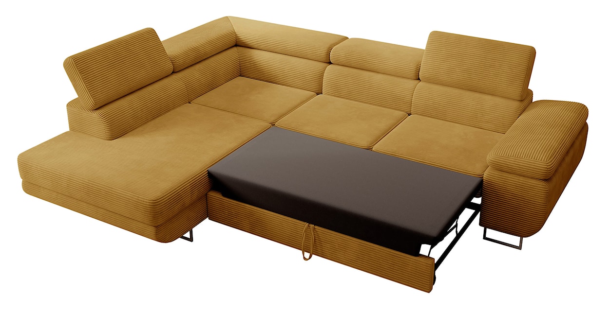 Narożnik z funkcją spania Stevil L-kształtny z pojemnikiem musztardowy sztruks lewostronny  - zdjęcie 4