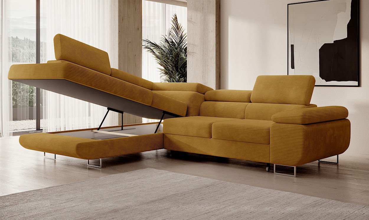 Narożnik z funkcją spania Stevil L-kształtny z pojemnikiem musztardowy sztruks lewostronny  - zdjęcie 6