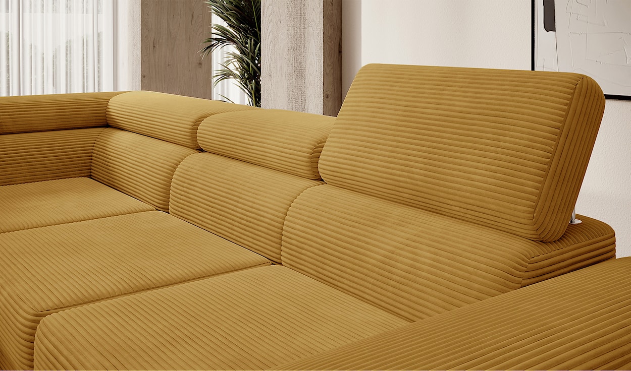 Narożnik z funkcją spania Stevil L-kształtny z pojemnikiem musztardowy sztruks lewostronny  - zdjęcie 7