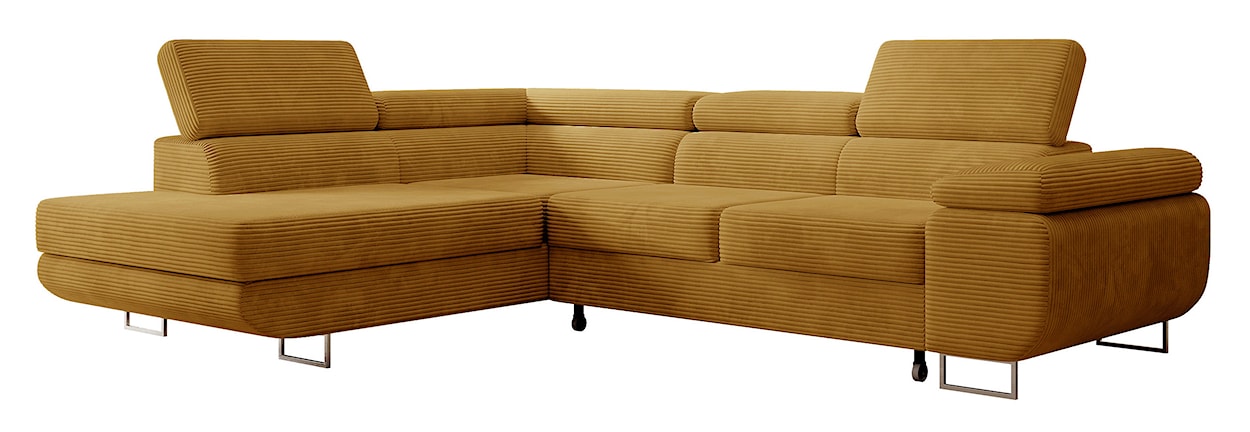 Narożnik z funkcją spania Stevil L-kształtny z pojemnikiem musztardowy sztruks lewostronny  - zdjęcie 9