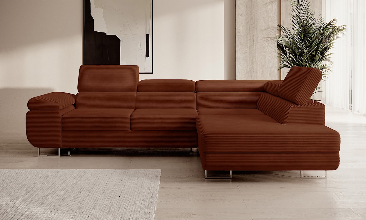 Narożnik z funkcją spania Stevil L-kształtny z pojemnikiem miedziany sztruks prawostronny  - zdjęcie 2