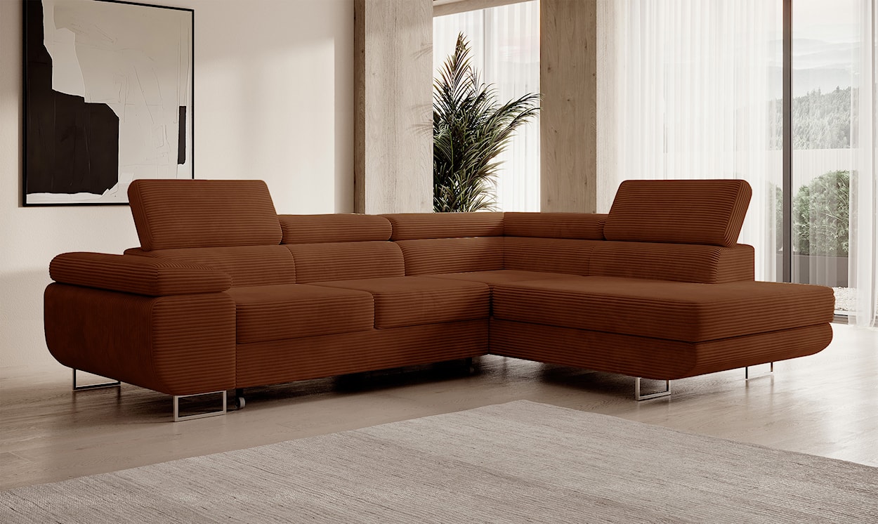 Narożnik z funkcją spania Stevil L-kształtny z pojemnikiem miedziany sztruks prawostronny  - zdjęcie 5