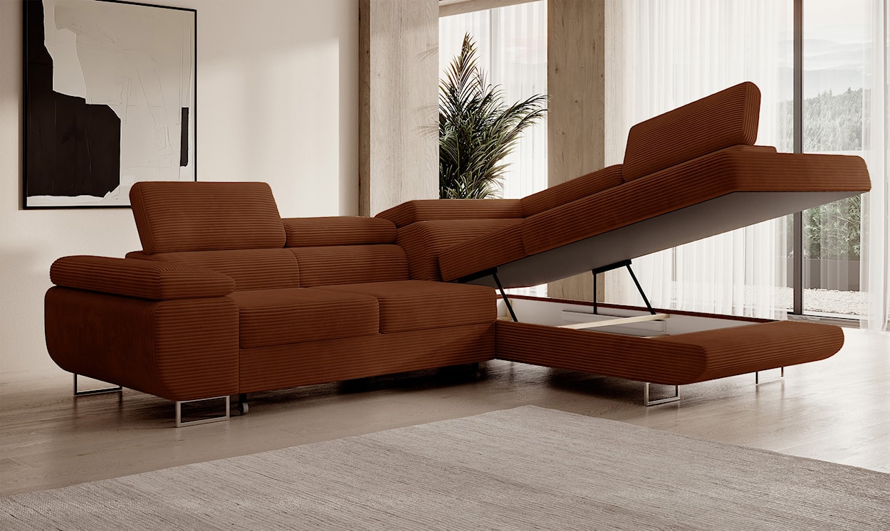 Narożnik z funkcją spania Stevil L-kształtny z pojemnikiem miedziany sztruks prawostronny  - zdjęcie 6