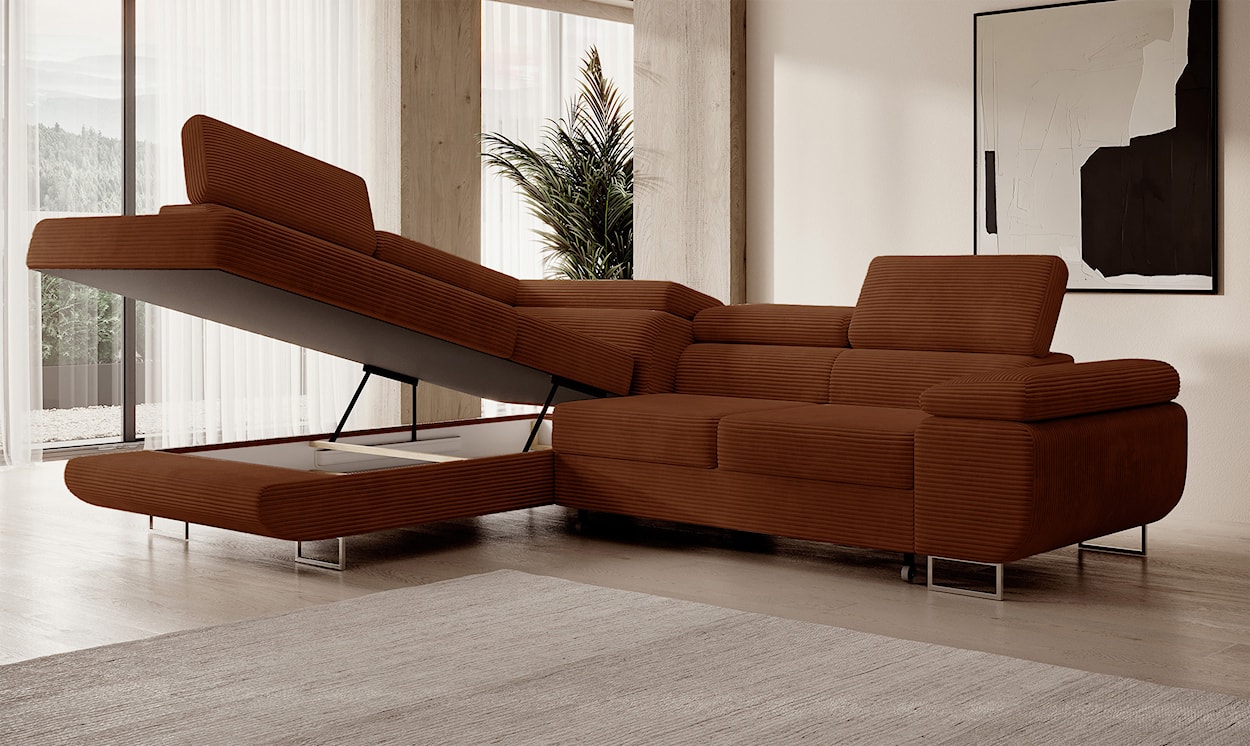 Narożnik z funkcją spania Stevil L-kształtny z pojemnikiem miedziany sztruks lewostronny  - zdjęcie 6