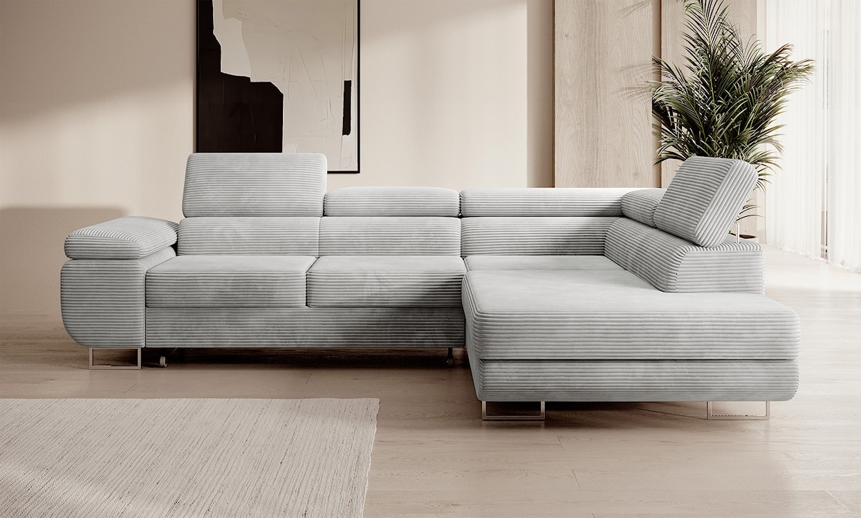 Narożnik z funkcją spania Stevil L-kształtny z pojemnikiem jasnoszary sztruks prawostronny  - zdjęcie 2