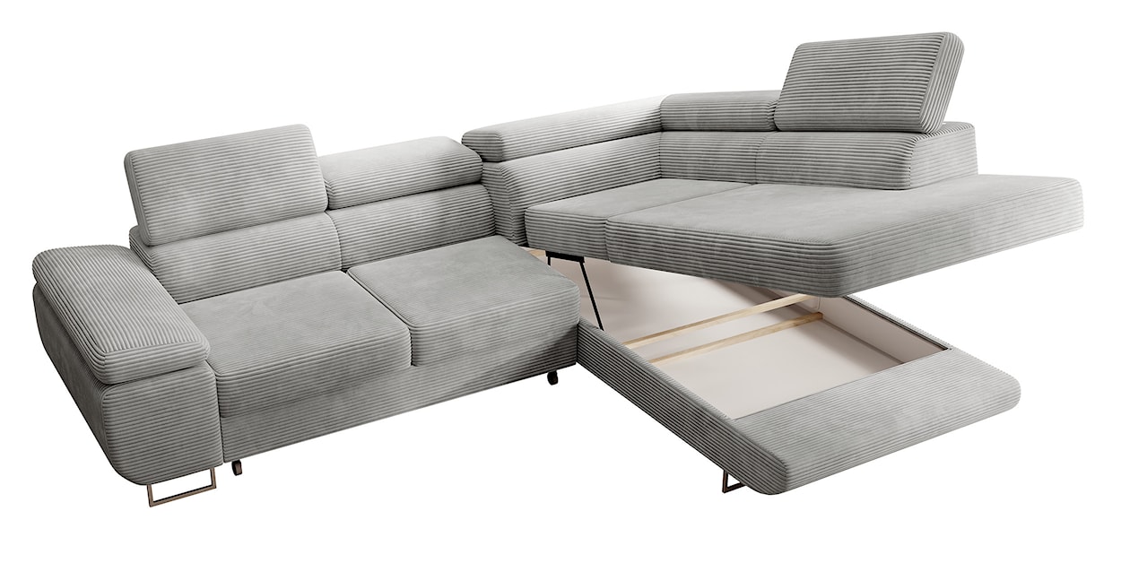 Narożnik z funkcją spania Stevil L-kształtny z pojemnikiem jasnoszary sztruks prawostronny  - zdjęcie 3