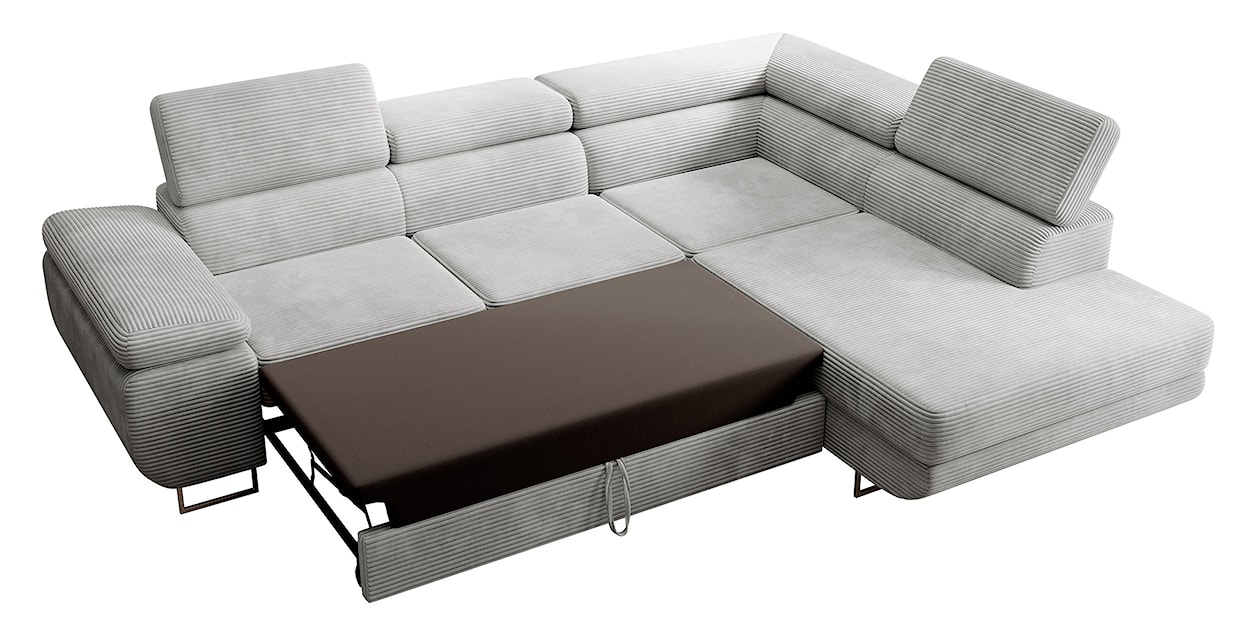 Narożnik z funkcją spania Stevil L-kształtny z pojemnikiem jasnoszary sztruks prawostronny  - zdjęcie 4