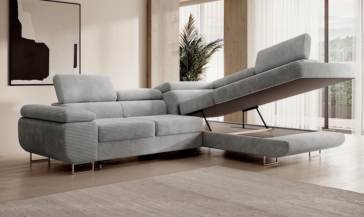 Narożnik z funkcją spania Stevil L-kształtny z pojemnikiem jasnoszary sztruks prawostronny  - zdjęcie 6