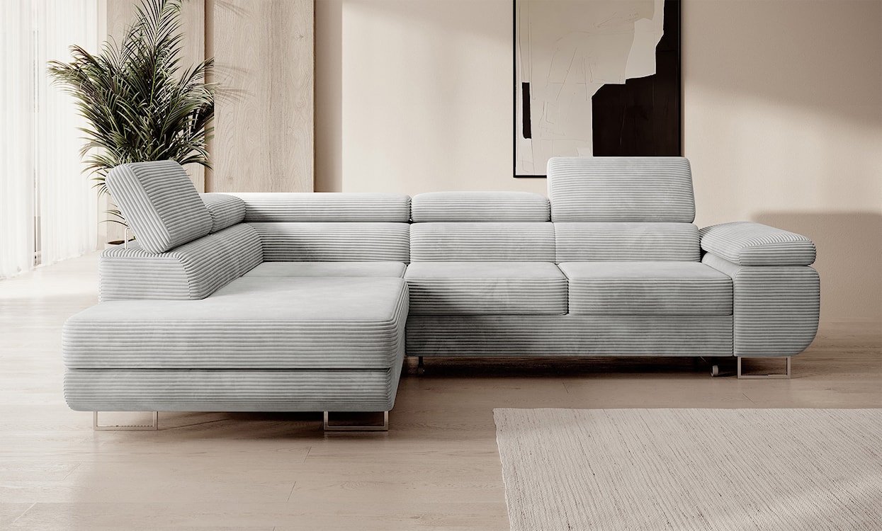 Narożnik z funkcją spania Stevil L-kształtny z pojemnikiem jasnoszary sztruks lewostronny  - zdjęcie 2