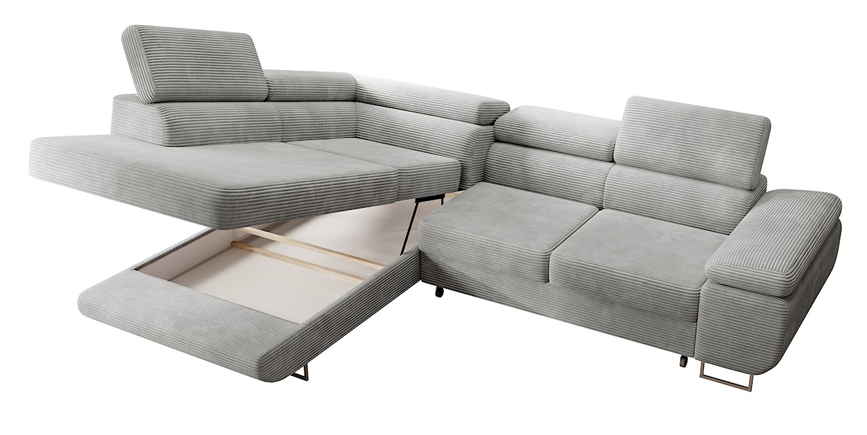 Narożnik z funkcją spania Stevil L-kształtny z pojemnikiem jasnoszary sztruks lewostronny  - zdjęcie 3